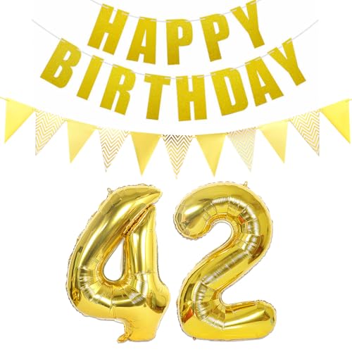 2 globos con el número 42 dorado + guirnalda de cumpleaños + banderines dorados para 42...