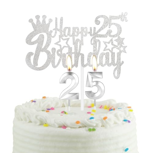 Vela plateada para tarta de cumpleaños número 25, vela de fiesta con decoración para tarta, vela...