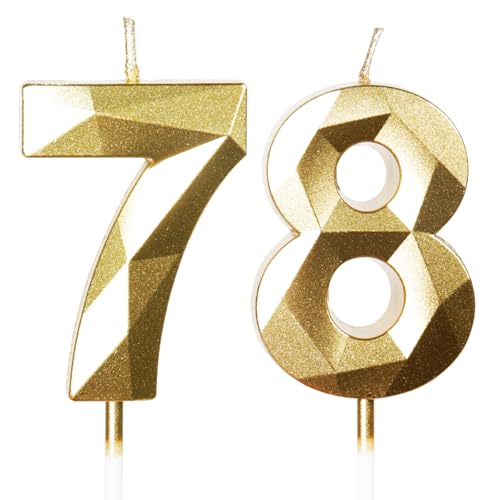 Velas de Cumpleaños 78 Años Dorado, Decoraciones para Hombres y Mujeres, Número 78 3D para Tarta,...