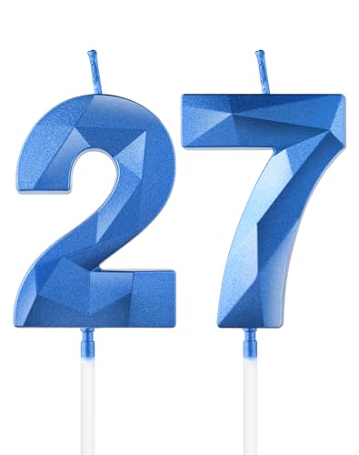 Velas de cumpleaños número 27 azul real, vela 3D número 27 para pastel, decoraciones de...