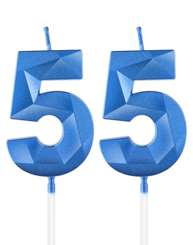 Velas de 55 cumpleaños color azul real, vela 3D número 55 para pastel, decoraciones de cumpleaños...