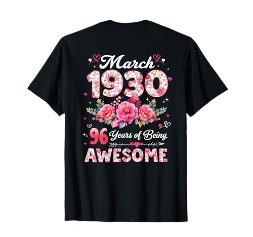 (En la Parte Posterior) 96 años Marzo 1930 Floral 96 cumpleaños Camiseta