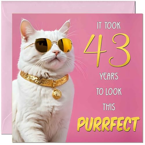 Tarjeta de cumpleaños de gato número 43 para mujer, cumpleaños Purrfect – Divertida tarjeta de...