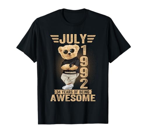 34 de Julio Cumpleaños Hombres Mujeres 1992 Impresionante Oso de Peluche Camiseta