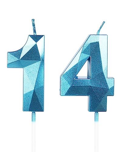 Vela 3D de Cumpleaños Número 14 Azul, Decoraciones para Tartas y Pasteles, Celebraciones y Bodas