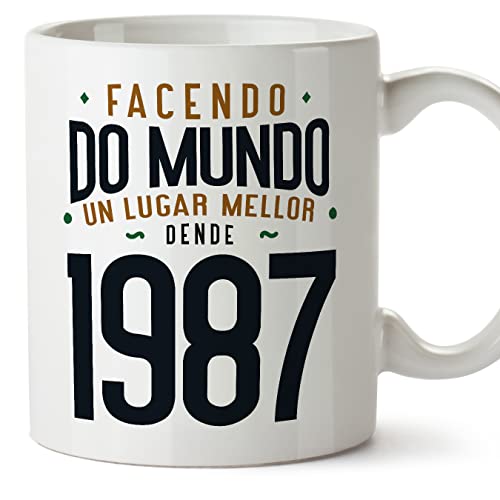 MUGFFINS Tazas 1987 Cumpleaños - En Gallego - Facendo do Mundo un Lugar Mellor - 11 oz / 330 ml -...