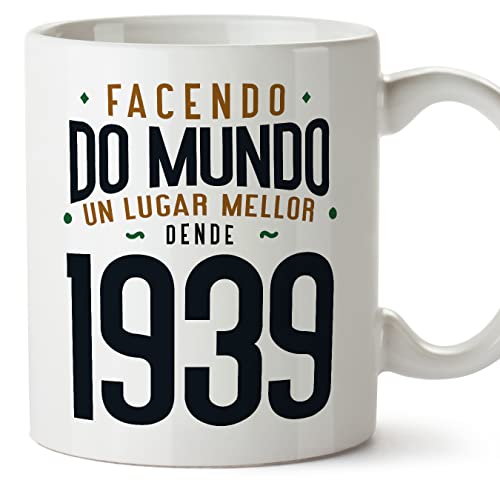 MUGFFINS Tazas 1939 Cumpleaños - En Gallego - Facendo do Mundo un Lugar Mellor - 11 oz / 330 ml -...