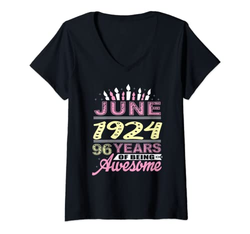 Mujer Junio de 1924 96 años Regalo de edad Fiesta de vela de cumpleaños 96 Camiseta Cuello V