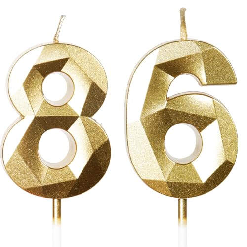 Velas de Cumpleaños 86 Años Dorado, Decoraciones para Hombres y Mujeres, Número 86 3D para Tarta,...