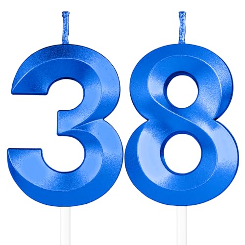 Yiran Velas de cumpleaños 3D, vela azul real con el número 38, decoración para tartas de...