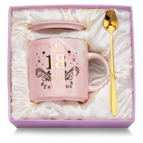 Taza de Cerámica Rosa para Chicas de 18 Años - Regalo Original con Tapa, Cuchara y Caja de Regalo...