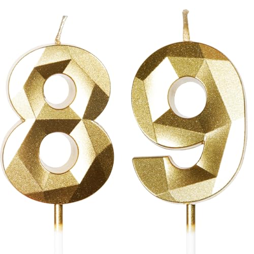 Velas de Cumpleaños 89 Años Dorado, Decoraciones para Hombres y Mujeres, Número 89 3D para Tarta,...