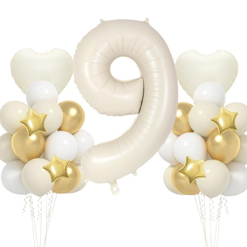 Globos de cumpleaños 9 años, VUCDXOP 17pcs Beige Traje de Globo de cumpleaños con Globo de gran...