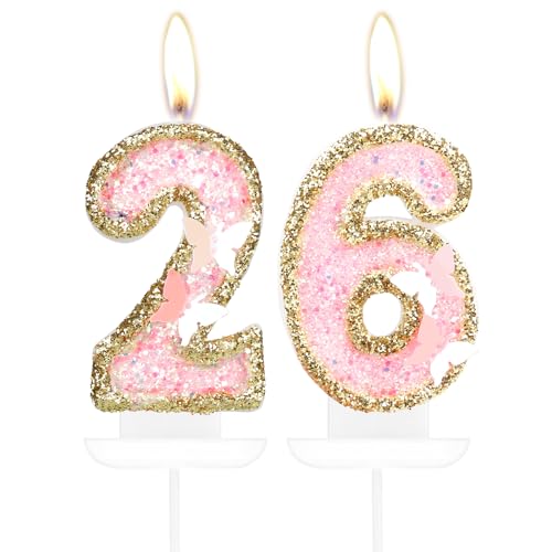 Velas de mariposa con el número 26 de cumpleaños, velas de oro rosa para tartas, decoración de...