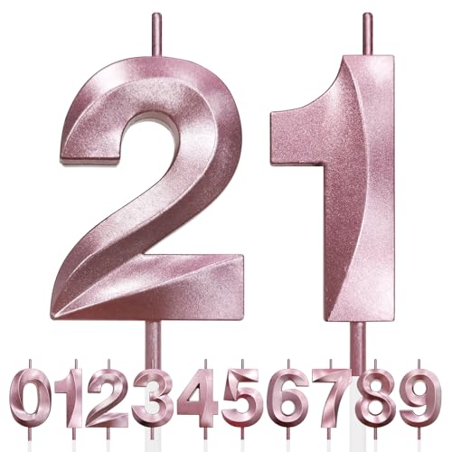 21st Vela de Cumpleaños con Purpurina oro rosa y Diseño 3D - Número 21 Velas con Números,...
