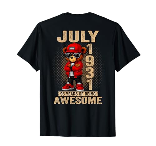 (En la Parte Trasera) Julio 95 Cumpleaños Mujer 1931 Impresionante Oso de Peluche Camiseta