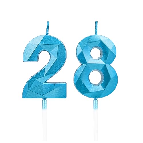 Velas 28 cumpleaños, velas con número azul, decoraciones para tartas de cumpleaños, bodas,...