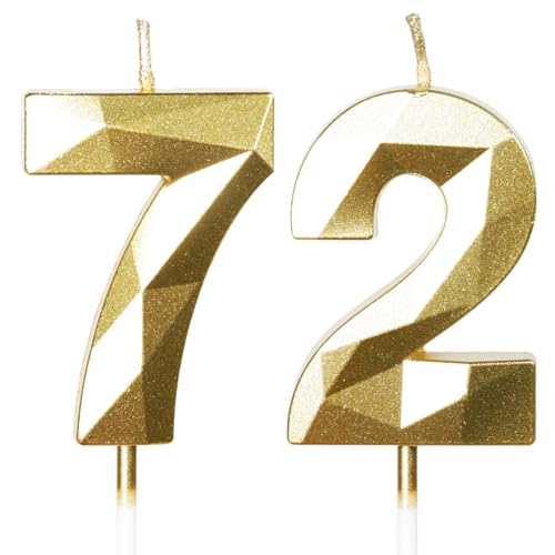 Velas de Cumpleaños 72 Años Dorado, Decoraciones para Hombres y Mujeres, Número 72 3D para Tarta,...