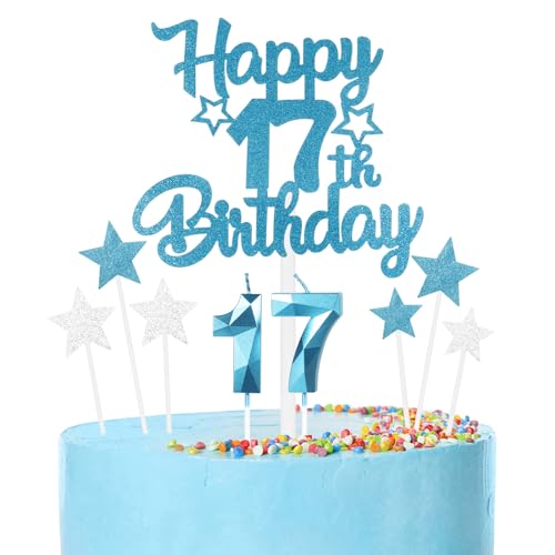 mciskin Conjunto de velas de cumpleaños de 17 años azules,Vela número 17 para pastel,Decoraciones...
