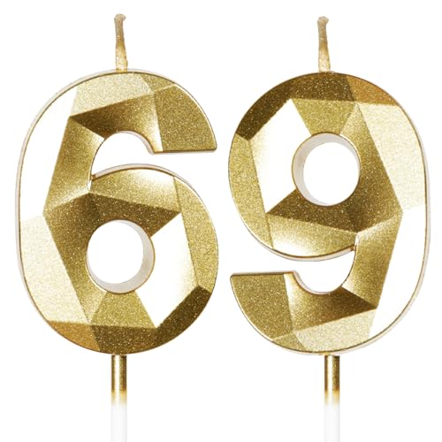Velas de Cumpleaños 69 Años Dorado, Decoraciones para Hombres y Mujeres, Número 69 3D para Tarta,...
