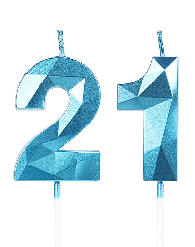 Velas 3D de 21 Cumpleaños - Vela Número 21 Azul para Pasteles - Decoraciones para Tartas, Fiestas...