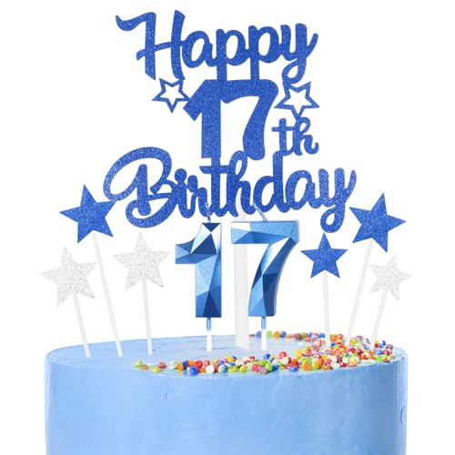 Juego de Decoración para Cumpleaños 17 Años Azul Real - Topper para Tarta con Velas Número 17,...