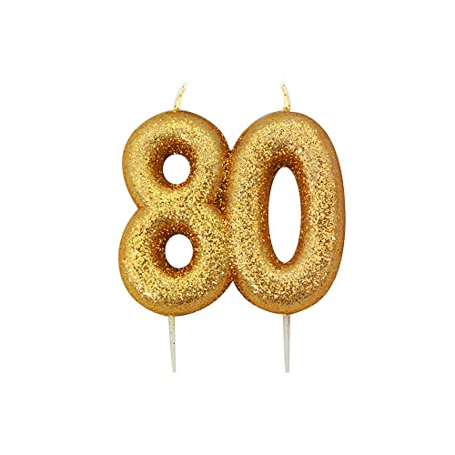 Anniversary House Vela metálica dorada con purpurina, número 80, decoración para tartas de 80 cumpleaños, 7 centímetros, AHC210