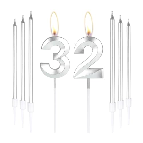 Plata 32 velas de cumpleaños-3D Número 32 vela para pastel con 6 piezas largas velas Set,Plata...