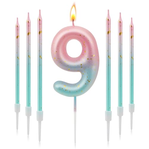 7 Velas de Cumpleaños Originales Degradado Azul Rosa, 3D Velas de Cumpleaños con Números para...