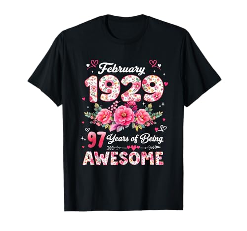 97 años Febrero 1929 Floral 97 cumpleaños Hombres Mujeres Camiseta