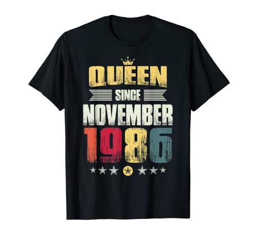 Regalo para fiesta de cumpleaños 33, mujer, reina desde noviembre de 1986 Camiseta
