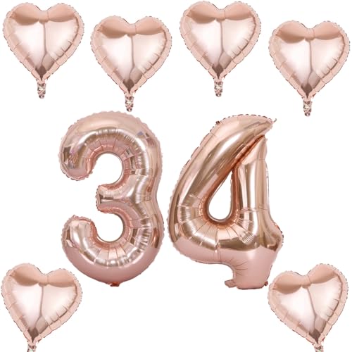 Oro rosa números globo 34 +6 pcs corazón helio globo 34 cumpleaños decoración para las...