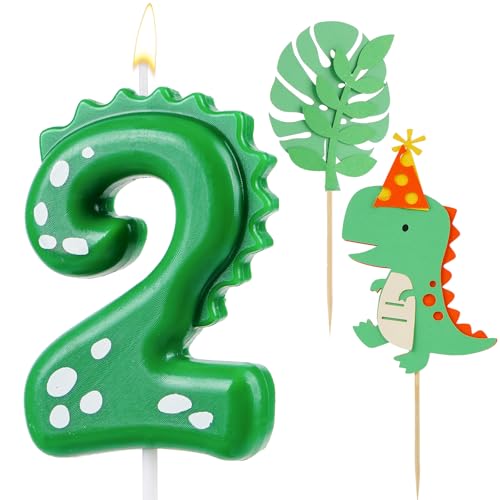 AIBAOBAO Velas Cumpleaños 2 Años, Vela de Cumpleaños Dinosaurio con 2 x Decoracion Tarta...