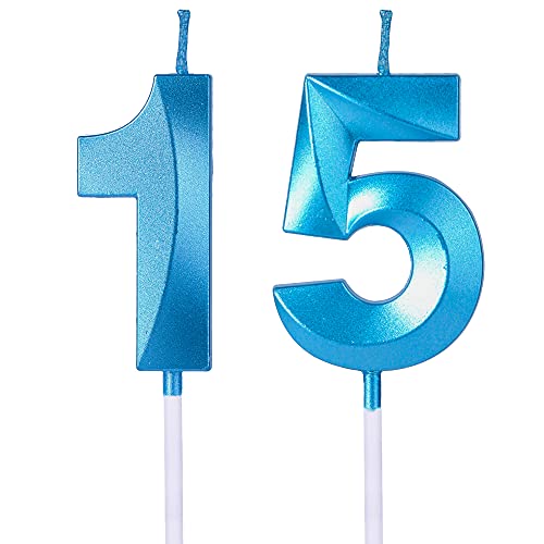 Velas azules de 15 y 51 cumpleaños para pasteles, número 15 51 con purpurina para decoración de...