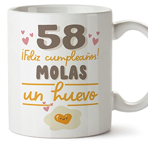MUGFFINS Tazas 58 Cumpleaños - En Español - Feliz Cumpleaños Molas un Huevo - 11 oz / 330 ml - Regalo original y divertido