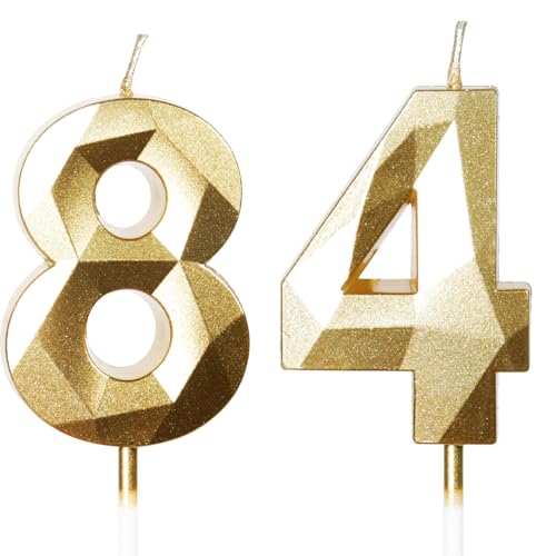 Velas de Cumpleaños 84 Años Dorado, Decoraciones para Hombres y Mujeres, Número 84 3D para Tarta,...