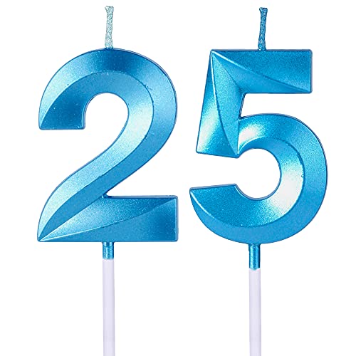 Velas azules de cumpleaños 25 y 52 para pasteles, número 25 y 52 con purpurina para decoración de...