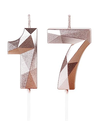 3D Velas de 17 cumpleaños, vela número 17,velas oro rosa, vela de cumpleaños para pasteles, vela...