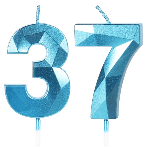 Velas de Cumpleaños 37 Años Azul, Decoraciones para Hombres y Mujeres, Número 37 3D para Tarta,...
