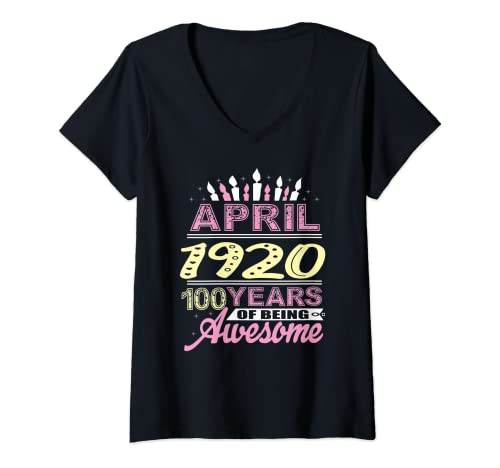 Mujer Abril 1921 100 Años Regalo 100 Cumpleaños Vela Fiesta Camiseta Cuello V