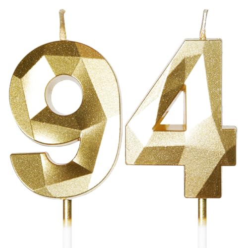 Velas de Cumpleaños 94 Años Dorado, Decoraciones para Hombres y Mujeres, Número 94 3D para Tarta,...