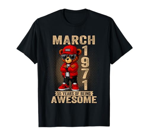 Marzo 55 Cumpleaños Hombres Mujeres 1971 Impresionante Oso de Peluche Camiseta