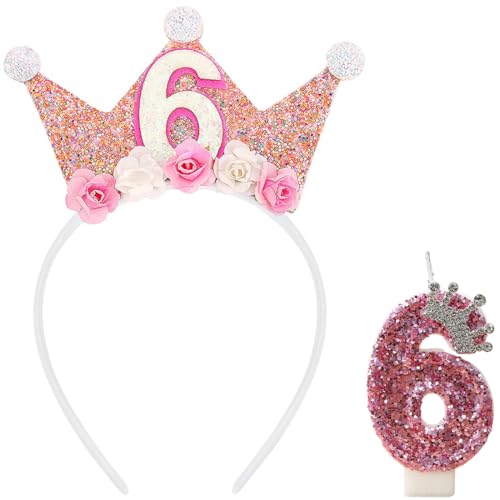 GGUFAY Set de Cumpleaños para 6 Años: Corona de Cumpleaños con Glitter y Flores, Velas de...