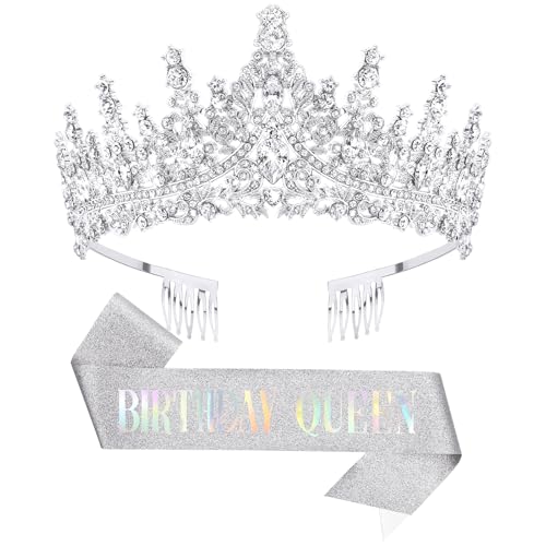 DRESHOW Corona y Fajín de Cumpleaños para Mujer Fajín de Reina de Cumpleaños y Tiara de Strass...