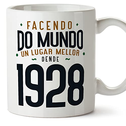 MUGFFINS Tazas 1928 Cumpleaños - En Gallego - Facendo do Mundo un Lugar Mellor - 11 oz / 330 ml - Regalo original y divertido