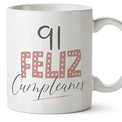 MUGFFINS Tazas 91 Cumpleaños - En Español - ¡Feliz Cumpleaños! Rosa - 11 oz / 330 ml - Regalo original y divertido