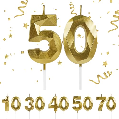 URAQT Vela de cumpleaños,3D Velas de Pastel de Cumpleaños Doradas,vela número 50,vela de...