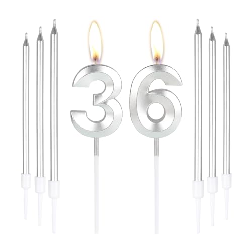 Plata 36 velas de cumpleaños-3D Número 36 vela para pastel con 6 piezas largas velas Set,Plata...