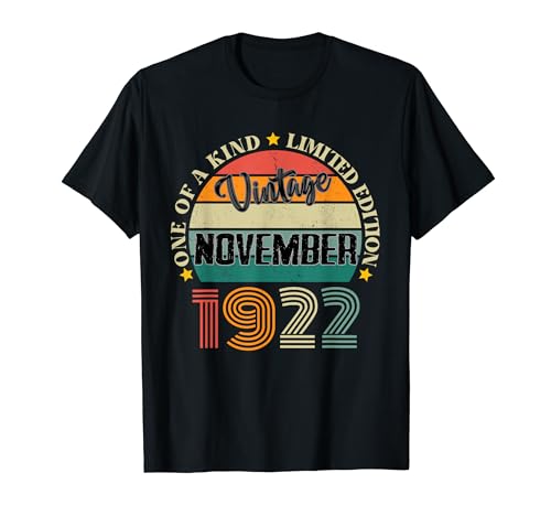 102 Años Vintage Noviembre 1922 Cumpleaños 102 Retro Camiseta