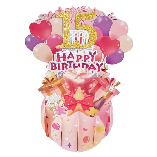 Happy 15th Birthday Pop Up Tarjeta para niña, 15 años de edad, idea de regalo de cumpleaños para...
